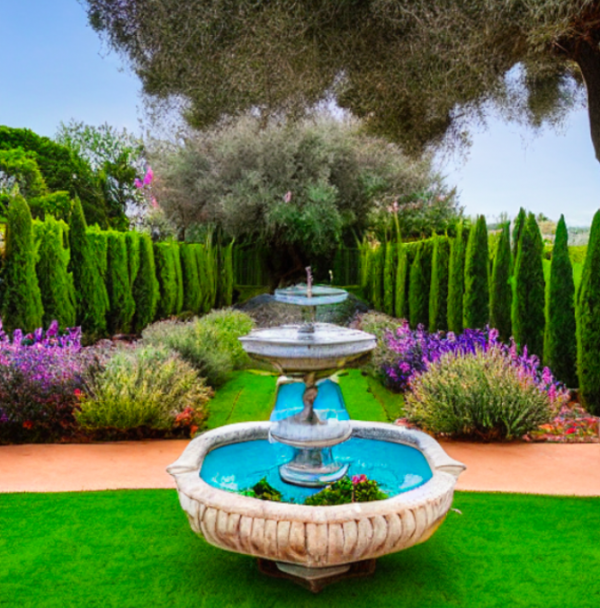 Taman dengan perpaduan taman kering dan air mancur yang menciptakan suasana menenangkan